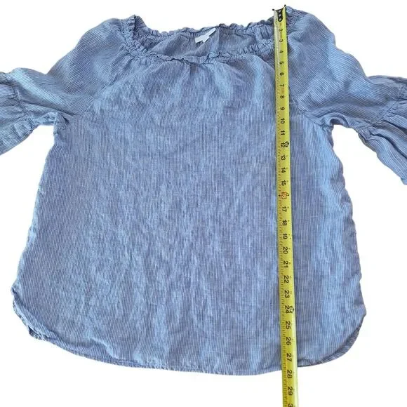 Charter Club Linen Peasant Blouse Top Striped Blue Bell Sleeves Mini Pom Poms XL - Picture 8 of 11